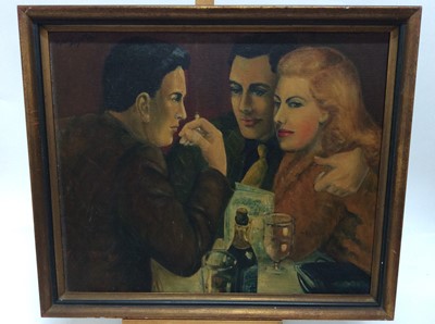Lot 209 - G Peter Taylor (mid 20th century) oil on board, figures in a bar, signed and indistinctly dated '55 (?) 48 x 60cm, label verso for the Royal Society of Portrait Painters, framed