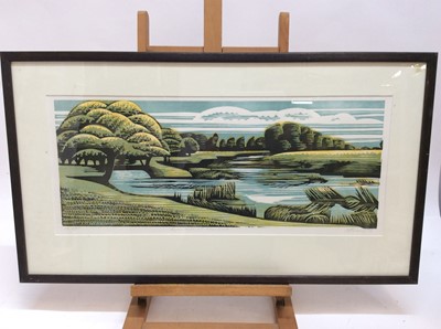 Lot 216 - Peter Shread (contemporary) colour woodcut, River Avon at Charlecote, signed inscribed and numbered 2/6 APs, glazed frame, image 24 x 60cm