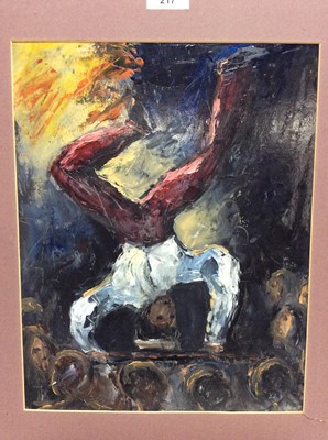 Lot 217 - English school, mid 20th century, oil on paper, acrobat, unsigned