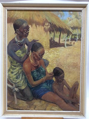 Lot 201 - Clifford Charles Turner (1920-2018) oil on board- African females braiding hair, framed, 74cm x 54cm, together with a selection of BLM demonstration posters and placards