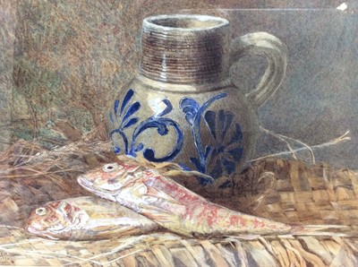 Lot 226 - French School, 19th century, watercolour - still life of dead fish and a jug, indistinctly signed and dated 1874, in glazed gilt frame, 25cm x 36cm