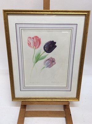 Lot 230 - Valentine Lawford, two 20th century watercolours - still life of tulips and an apple, signed and titled, in glazed gilt frames, 34cm x 25cm