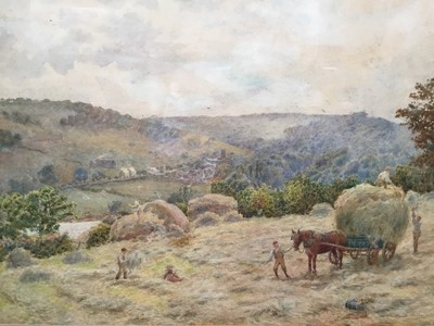 Lot 261 - George Moore-Henton (1861-1924) watercolour - Haymaking scene, signed and dated 1890, in glazed oak frame, 35cm x 50cm