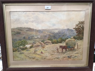 Lot 261 - George Moore-Henton (1861-1924) watercolour - Haymaking scene, signed and dated 1890, in glazed oak frame, 35cm x 50cm