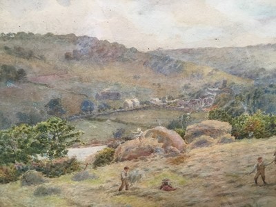 Lot 261 - George Moore-Henton (1861-1924) watercolour - Haymaking scene, signed and dated 1890, in glazed oak frame, 35cm x 50cm