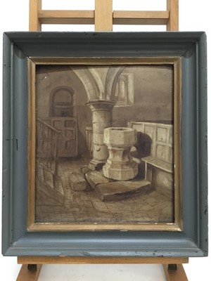 Lot 264 - 19th century, English School, oil on oak panel - A Church Interior, in painted frame, 30.5cm x 26.5cm, overall framed size 39.5cm x 36cm