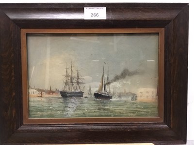 Lot 266 - Late 19th/early 20th century English School oil on board - shipping in a harbour, in glazed frame, 15cm x 23cm