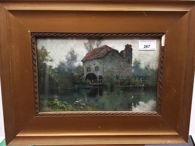 Lot 267 - Early 20th century Continental School oil on board - A Water Mill, signed A. De. B, in glazed gilt frame, 17cm x 27cm