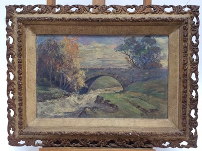Lot 268 - Robert Stevenson, early 20th century, oil on board - Bridge over a River, signed, in painted frame, 23cm x 36.5cm