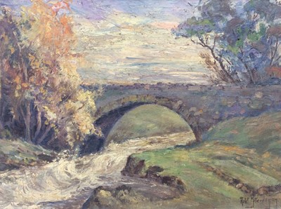 Lot 268 - Robert Stevenson, early 20th century, oil on board - Bridge over a River, signed, in painted frame, 23cm x 36.5cm