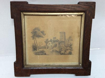 Lot 269 - Early 19th century English School pencil drawing - Church Ruins beside a lake, in oak frame, 15cm x 17cm