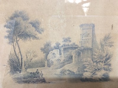 Lot 115 - Early 19th century English School pencil drawing - Church Ruins beside a lake, in oak frame, 15cm x 17cm