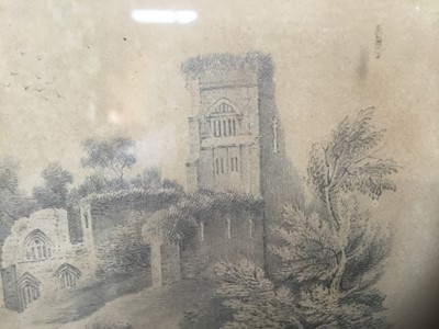 Lot 115 - Early 19th century English School pencil drawing - Church Ruins beside a lake, in oak frame, 15cm x 17cm