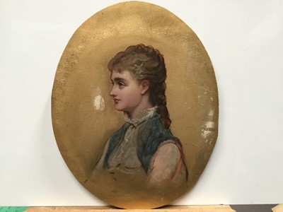 Lot 272 - Late 19th century English School oval oil on panel - portrait of a lady, on gilt painted background, labels verso, unframed, 25.5cm x 20cm