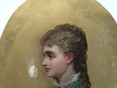 Lot 272 - Late 19th century English School oval oil on panel - portrait of a lady, on gilt painted background, labels verso, unframed, 25.5cm x 20cm