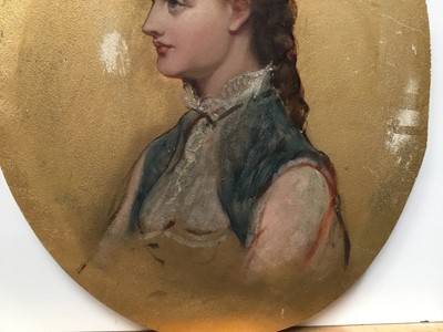 Lot 272 - Late 19th century English School oval oil on panel - portrait of a lady, on gilt painted background, labels verso, unframed, 25.5cm x 20cm