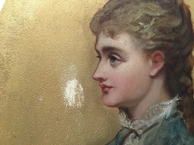 Lot 272 - Late 19th century English School oval oil on panel - portrait of a lady, on gilt painted background, labels verso, unframed, 25.5cm x 20cm
