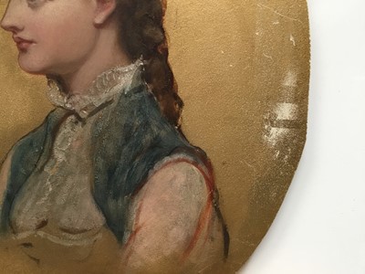 Lot 272 - Late 19th century English School oval oil on panel - portrait of a lady, on gilt painted background, labels verso, unframed, 25.5cm x 20cm
