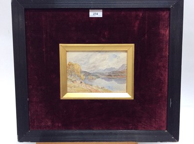 Lot 274 - Mid 19th century, English School, watercolour - extensive Lakeland landscape, in gilt and velvet mount and ebonised frame, 13cm x 18.5cm, overall framed size 44.5cm x 50cm