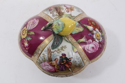 Lot 110 - Near pair of Dresden painted porcelain lobed baskets and covers on stands