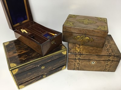 Lot 431 - Victorian coromandel and brass mounted vanity case, lacking fittings, three other wooden boxes