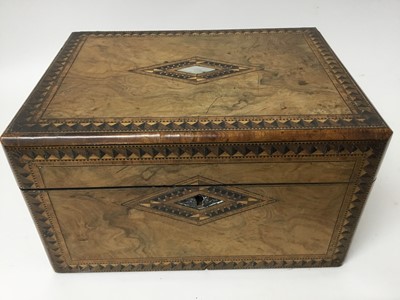 Lot 434 - Victorian walnut inlaid vanity case with silver plate fitted interior