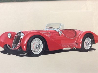 Lot 1224 - C. Halls (contemporary) gouache study of a pre war Alfa Romeo, signed and dated ‘93, mounted in a glazed frame, image 44.5 x 23cm