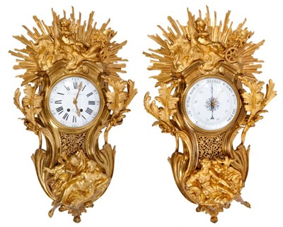 Lot 544 - Fine and monumental 19th century French gilt ormolu wall cartel clock and accompanying barometer by Etienne Lenoir, Paris