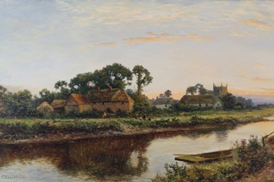 Lot 1238 - Daniel Sherrin (1868-1940), oil on canvas - figures by riverbank with houses and church beyond