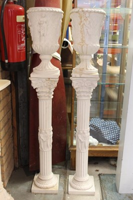 Lot 947 - Pair of reconstituted alabaster classical urns on stands