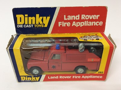 Lot 137 - Dinky Johnston Road Sweeper No. 449, Land Rover Fire Appliance No. 282, Foden Tipping Lorry No. 432, Ford D800 Snowplough and Tipper Truck No. 439, all boxed (4)