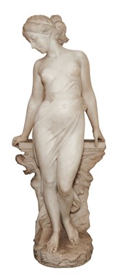 Lot 818 - Antonio Frilli (c1880-1920): Fine late 19th century Italian carved marble sculpture of a scantily clad classical female figure, with balustrade and griffin support 123cm high