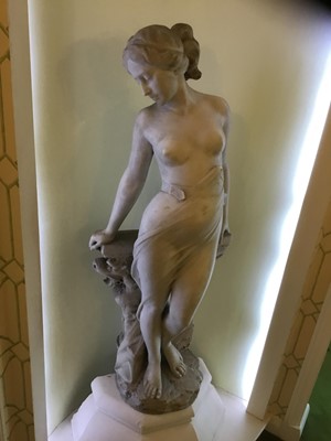 Lot 818 - Antonio Frilli (c1880-1920): Fine late 19th century Italian carved marble sculpture of a scantily clad classical female figure, with balustrade and griffin support 123cm high