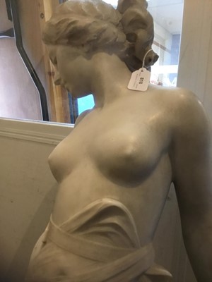 Lot 818 - Antonio Frilli (c1880-1920): Fine late 19th century Italian carved marble sculpture of a scantily clad classical female figure, with balustrade and griffin support 123cm high