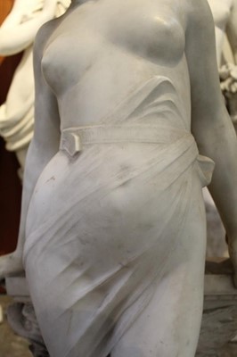 Lot 818 - Antonio Frilli (c1880-1920): Fine late 19th century Italian carved marble sculpture of a scantily clad classical female figure, with balustrade and griffin support 123cm high