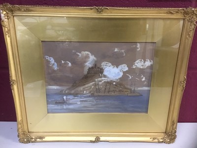 Lot 415 - 19th century watercolour of boats approaching an island, together with a contemporary marine  watercolour