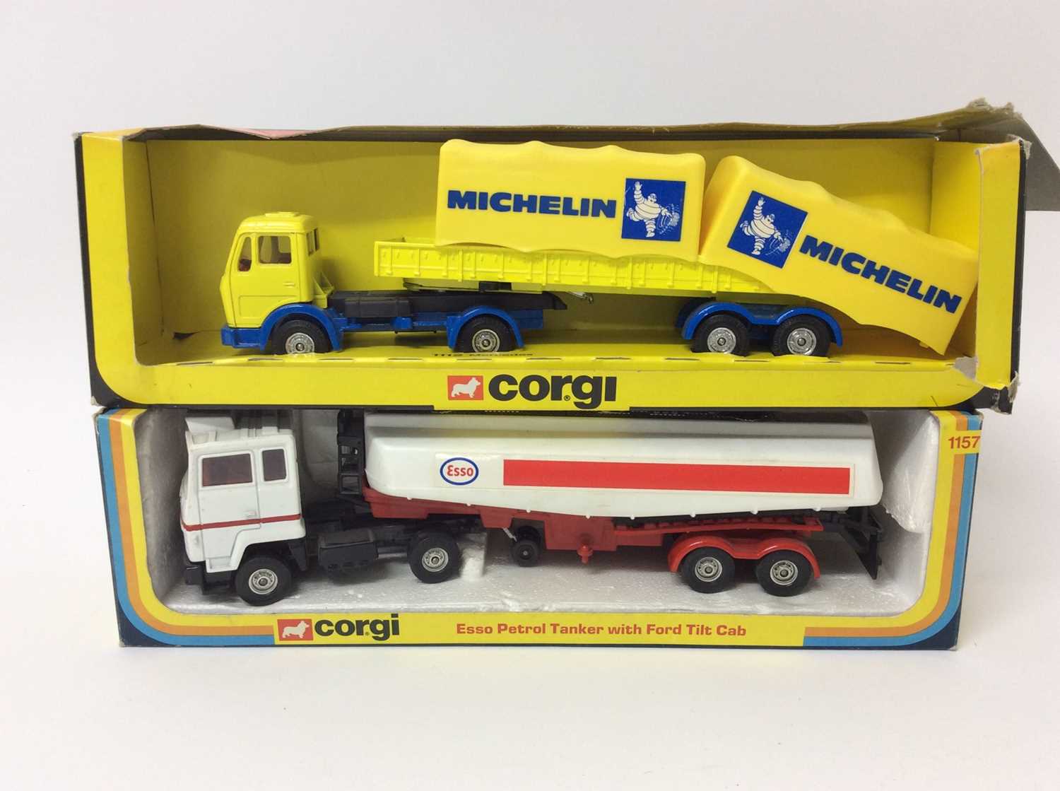 Lot 143 - Corgi Esso Petrol Tanker with Ford tilt cab No. 1157 and Mercedes Michelin lorry No. 1112, both boxed (2)