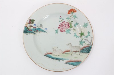 Lot 102 - 18th century Chinese export famille rose plate, enamelled with a pair of sheep, 22.5cm diameter