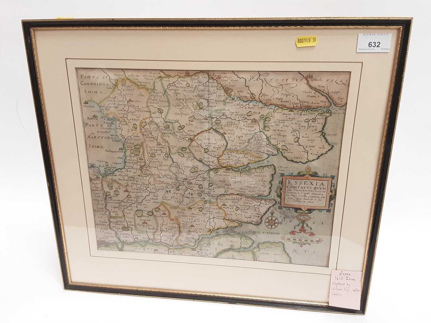 Lot 632 - William Kip after Christopher Saxton - hand coloured engraving- map of Essex 'Essexia Comitaatus', circa 1610 issue 28.5cm x 36cm