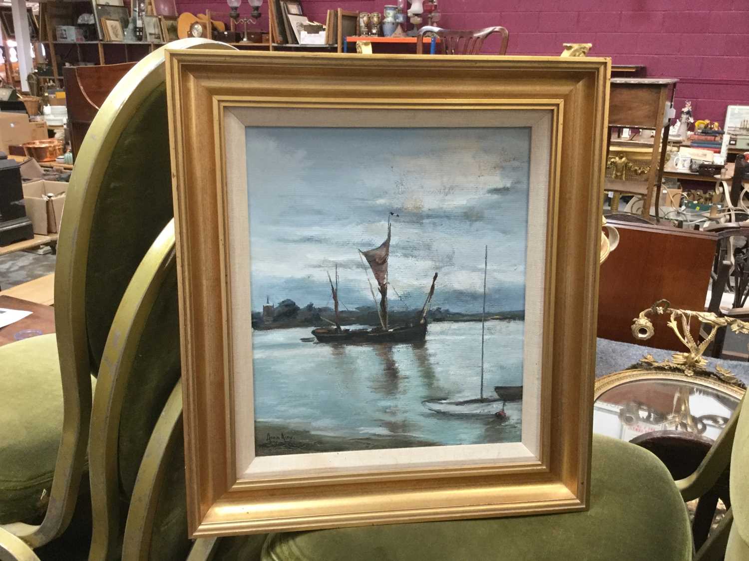 Lot 710 - Oil on board "Thames Barge" Maldon, signed Anna Airy