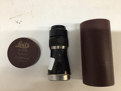 Lot 253 - Leitz Mountain Elmer 10.5 cm F 6.3 lens No. 136372 with makers caps, hood and box