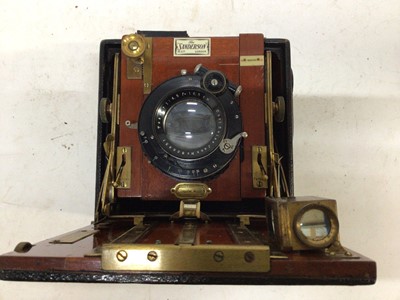 Lot 272 - Sanderson Regular mahogany and brass field camera, with Zeiss Tessar lens and darkslides