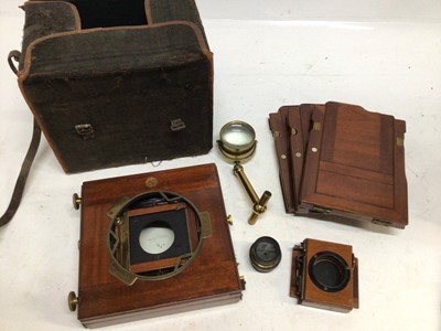 Lot 273 - Cased brass and mahogany field camera, no name with double darkslides, lens and accessories