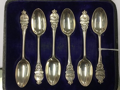 Lot 646 - Set six silver George V naval teaspoons depicting a First World War Dreadnought and captioned 'Our Defence 1914', in fitted case (London 1914), maker Josiah Williams & Co