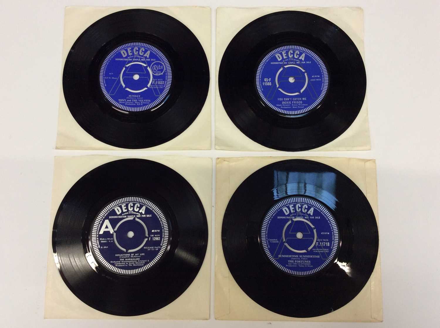 Lot 1004 - Four demo singles featuring Tony and The Velvets, Jackie Frisco, The Fortunes and The Marmalade - been in storage for 50 years and in excellent condition