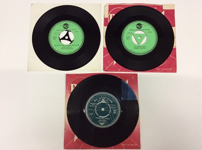 Lot 1011 - Three demo singles on the RCA label that look unplayed- Elvis Presley with The Jordanaires- Wear My Ring Around Your Neck (J2WB 0181) Johnny Restiro- The Shape I'm In (tricentre K2PB 3874) and Sam...