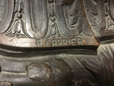 Lot 384 - Carrier-Belleuse (1824-1877) - Impressive pair of bronze and patinated bronze figural urns, each modelled as a Classical maiden cradling an Etruscan style vase raised on stepped shaped plinth with...