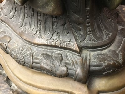 Lot 384 - Carrier-Belleuse (1824-1877) - Impressive pair of bronze and patinated bronze figural urns, each modelled as a Classical maiden cradling an Etruscan style vase raised on stepped shaped plinth with...