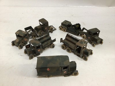 Lot 145 - Die cast selection of early Britains Military Lorries, Ambulance, Tanks, Personnel Car, Field Guns etc.  Plus some tinplate vehicles and a large quantity of miniature ARP Sandbags and wooden constr...