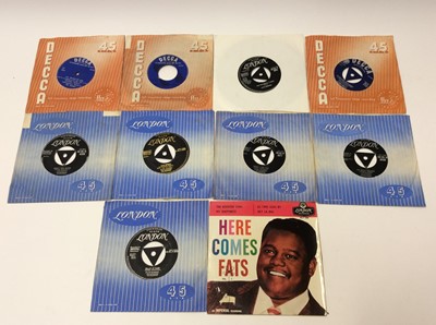 Lot 1030 - Fats Domino- Blue Monday (gold lettering- HL-U8356, HL-P8663, HL-P8471, HL-P8449, HL-U8280, silver lettering- EP-RE-P1080 Vol 2), together with ultra rare one sided demo- I've Waited So Long by Ant...